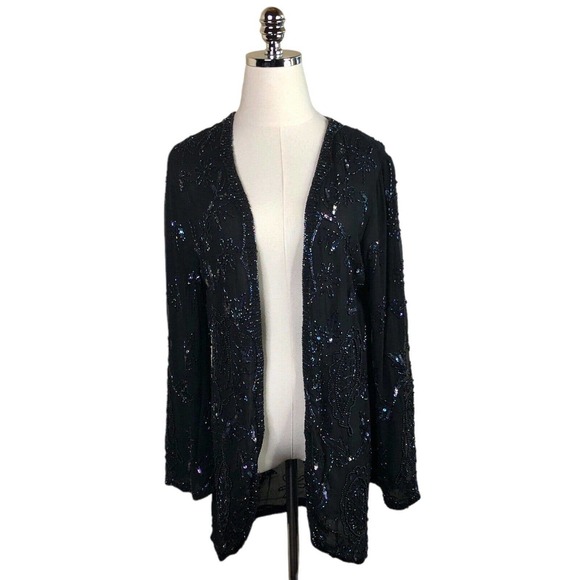 Vintage Judith Ann Embellished Blouse Black Silk Iridescent Sequins Beads Small - Picture 1 of 12